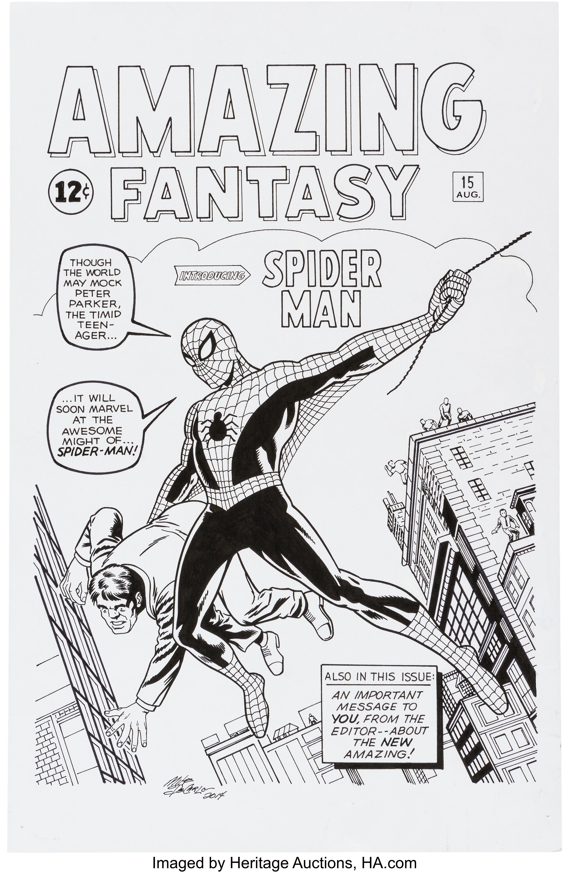 AMAZING FANTASY # 15 COVER RECREATION 1ST SPIDER-MAN ORIGINAL COMIC ART