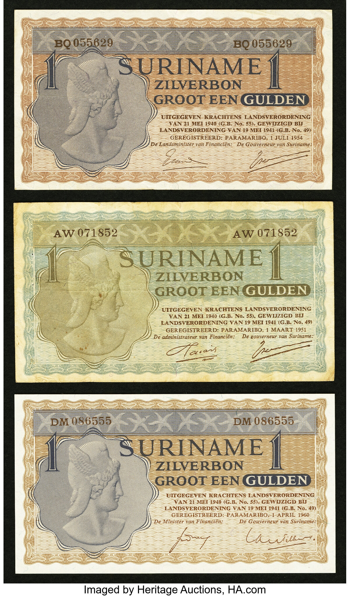 Suriname Zilverbon 1 Gulden 1 3 1951 Pick 107 1 Gulden 1 7 1954 Lot 255 Heritage Auctions