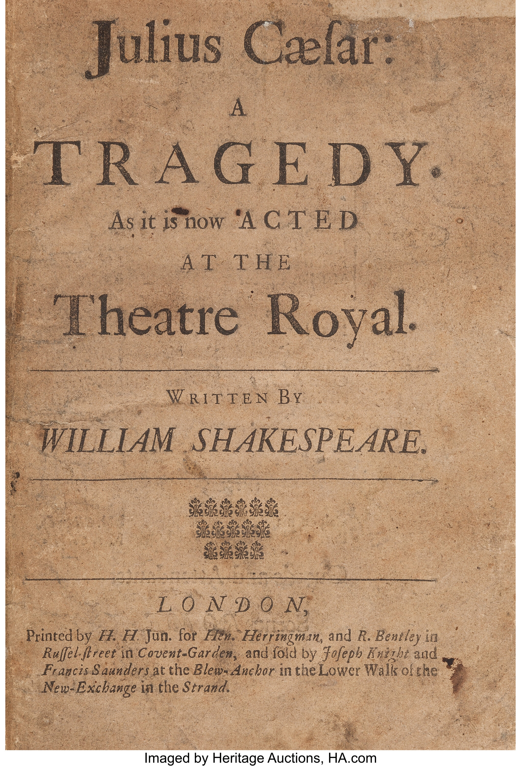 William Shakespeare. Julius Caesar: A Tragedy. As It Is Now Acted | Lot #45458 | Heritage Auctions