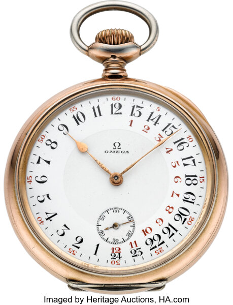 Omega Rare Silver Gilt Pocket Watch With 24 Hour Day Night Dial