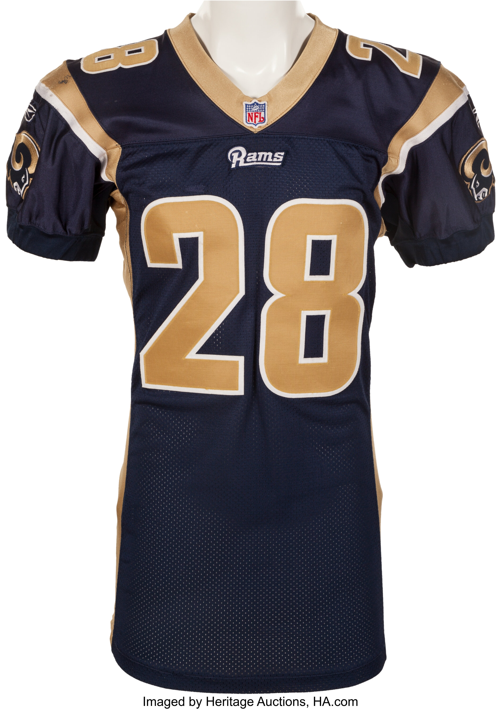 2001 Marshall Faulk Game Worn St. Louis Rams Jersey - With Four, Lot  #82268