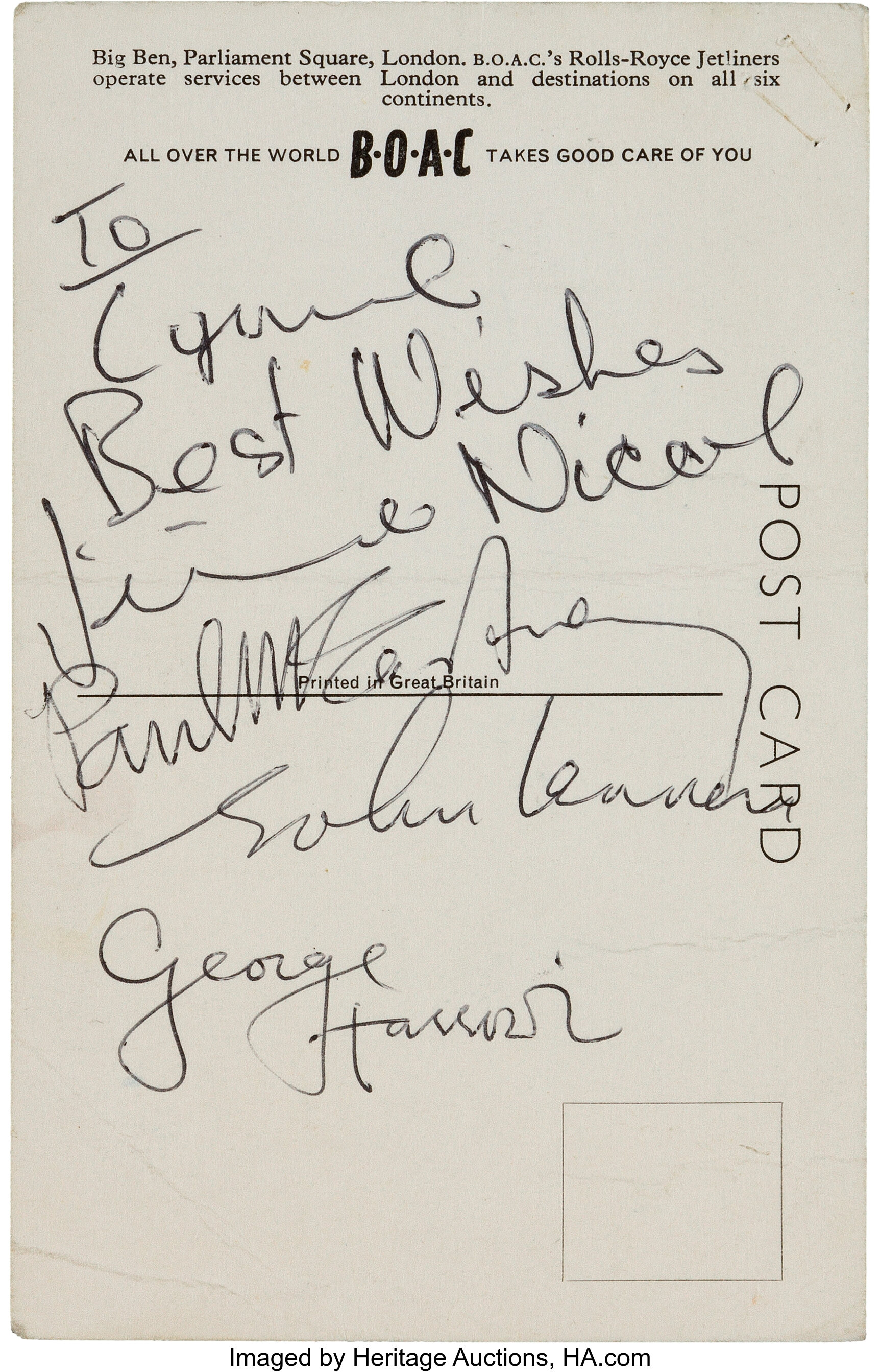 Beatles Autographed Postcard With Jimmie Nichol Signature, 1964 ...