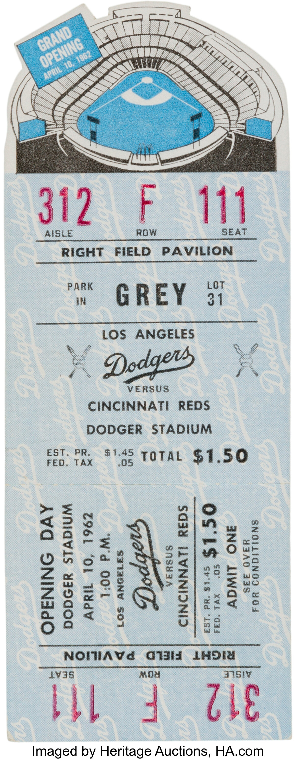 1962 Los Angeles Dodgers Stadium Grand Opening Full Ticket., Lot #82986