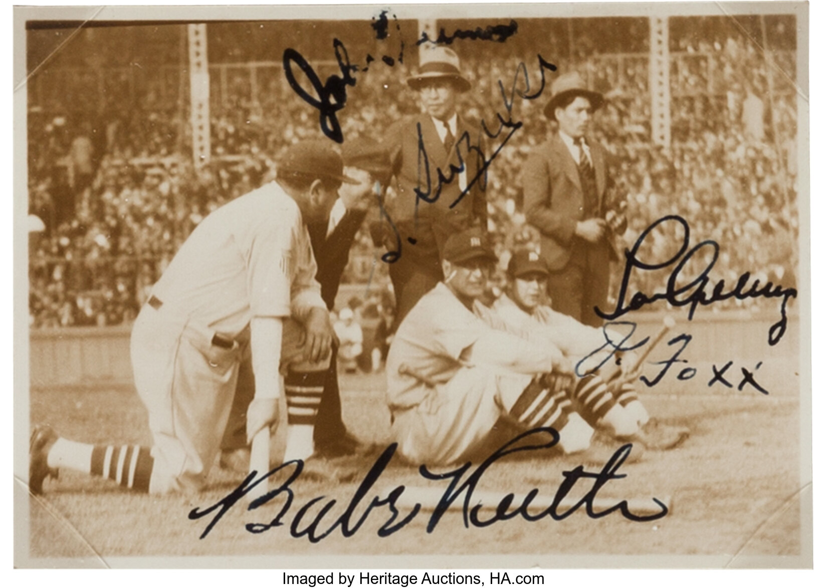 Babe Ruth Lou Gehrig Jimmie Foxx Signed 1920's Baseball JSA COA