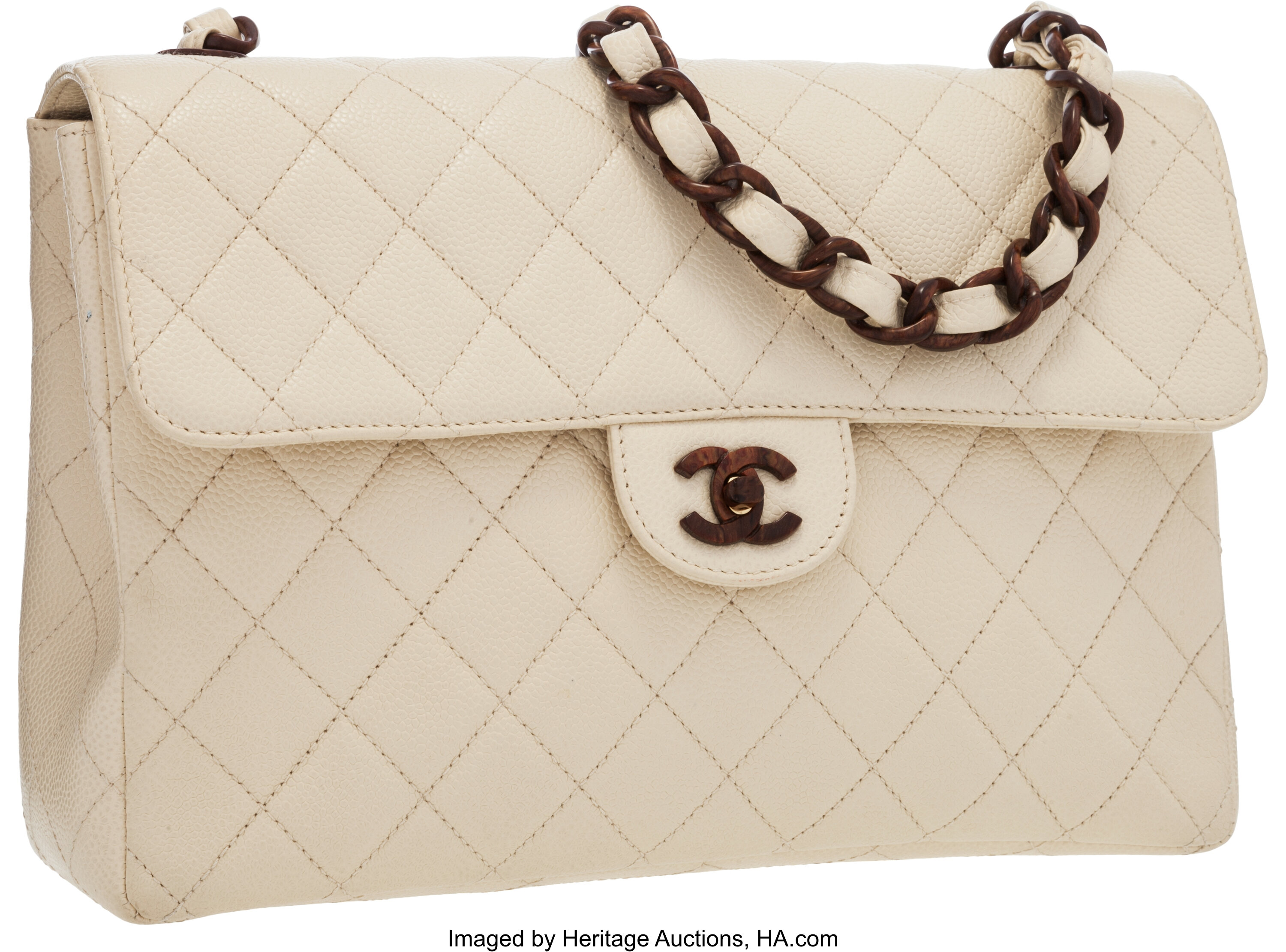 Chanel Cream Quilted Caviar Leather Jumbo Flap Bag with Tortoise