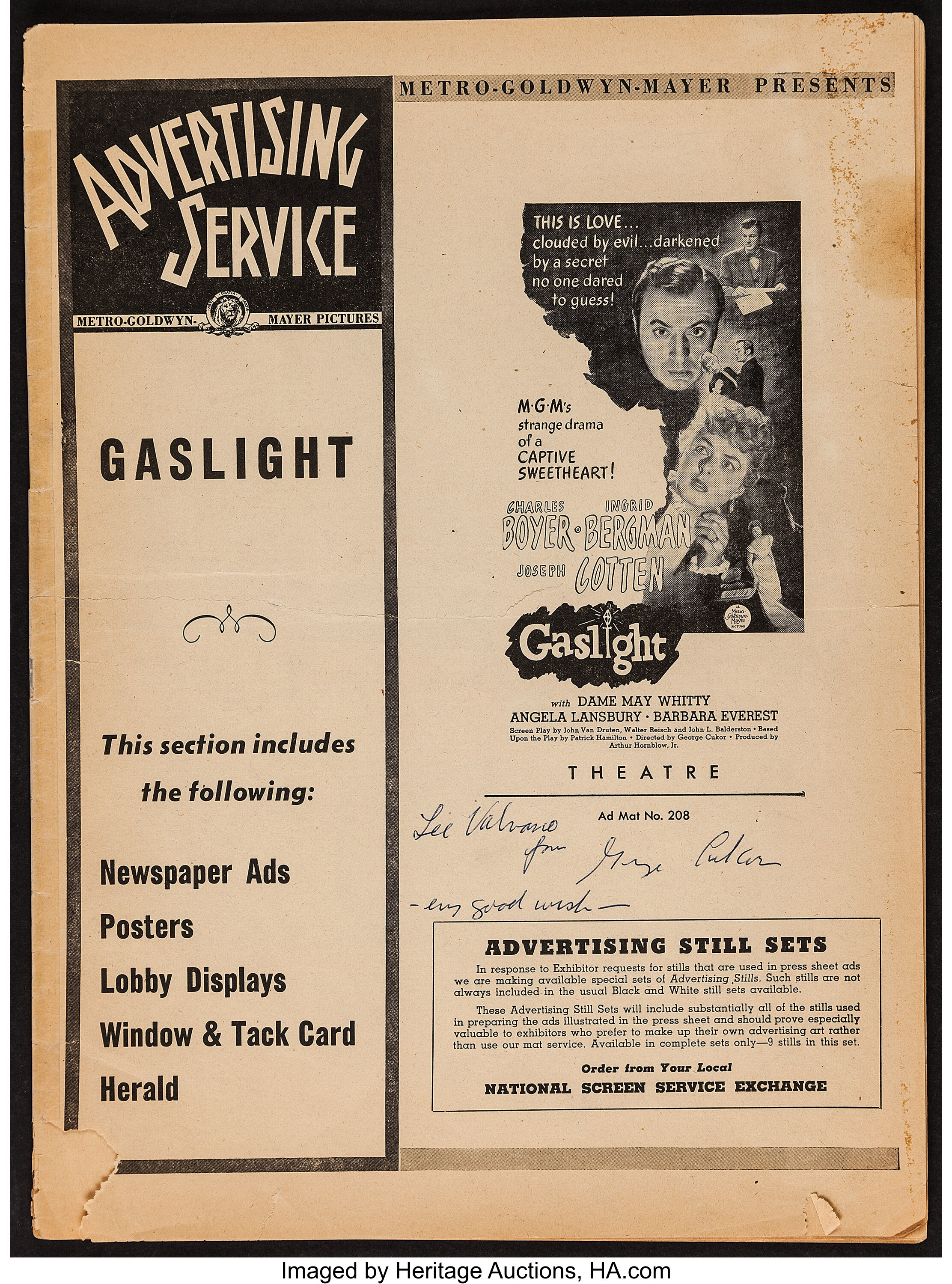 Gaslight & Other Lot (MGM, 1944). Autographed Uncut Pressbook (28 | Lot ...