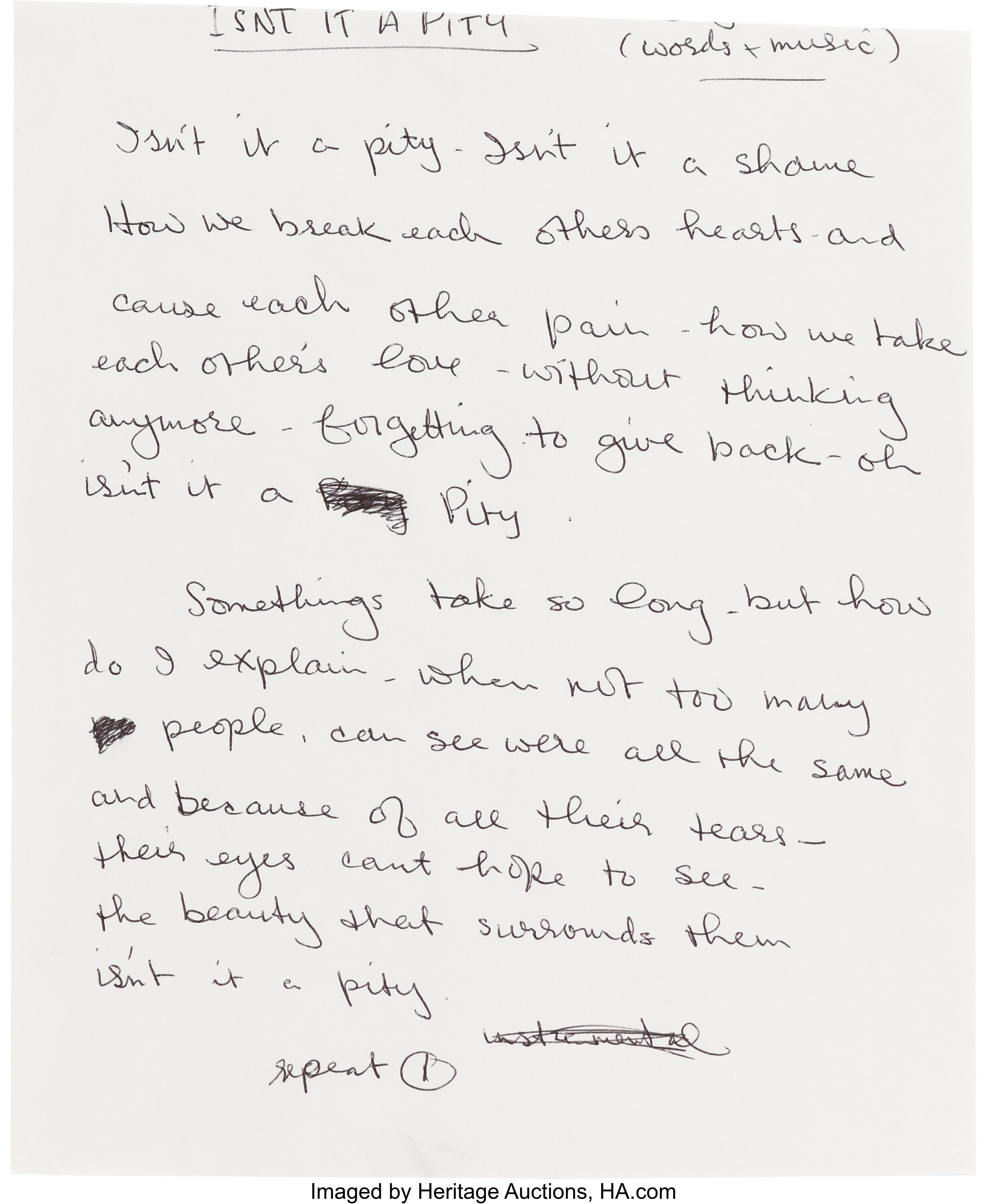 Beatles George Harrison Original Handwritten Lyrics For Isn T It Lot 2 Heritage Auctions