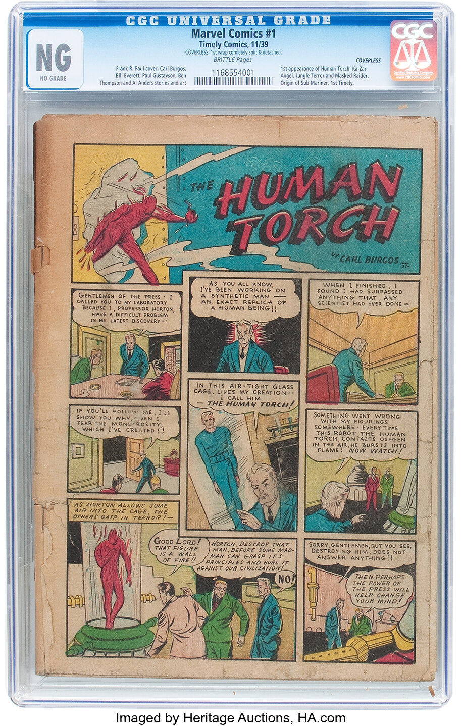 Marvel Comics 1 Timely 1939 Cgc Ng No Grade Brittle Pages