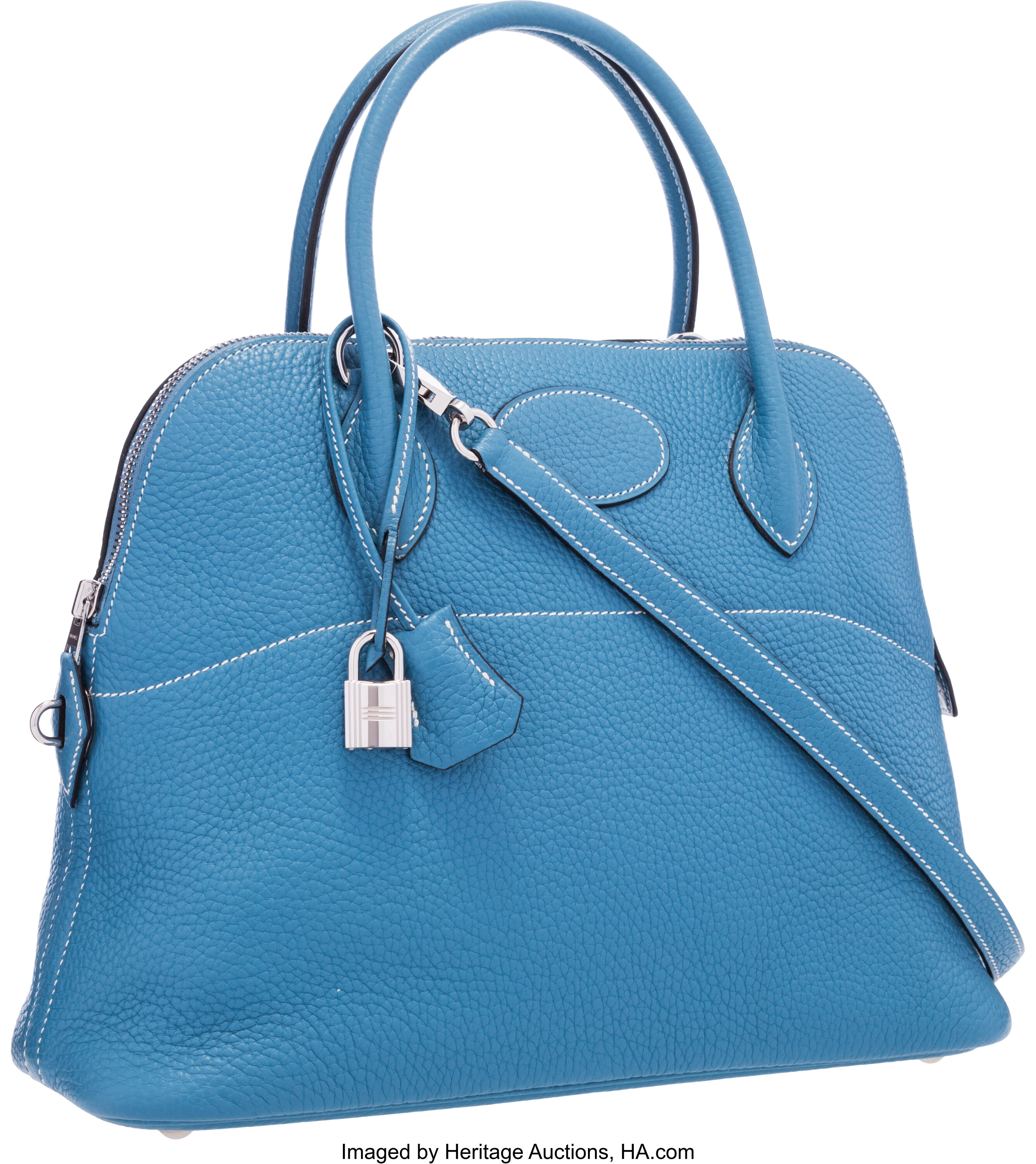 Hermes 31cm Blue Jean Clemence Leather Mou Bolide Bag with | Lot #58027 ...