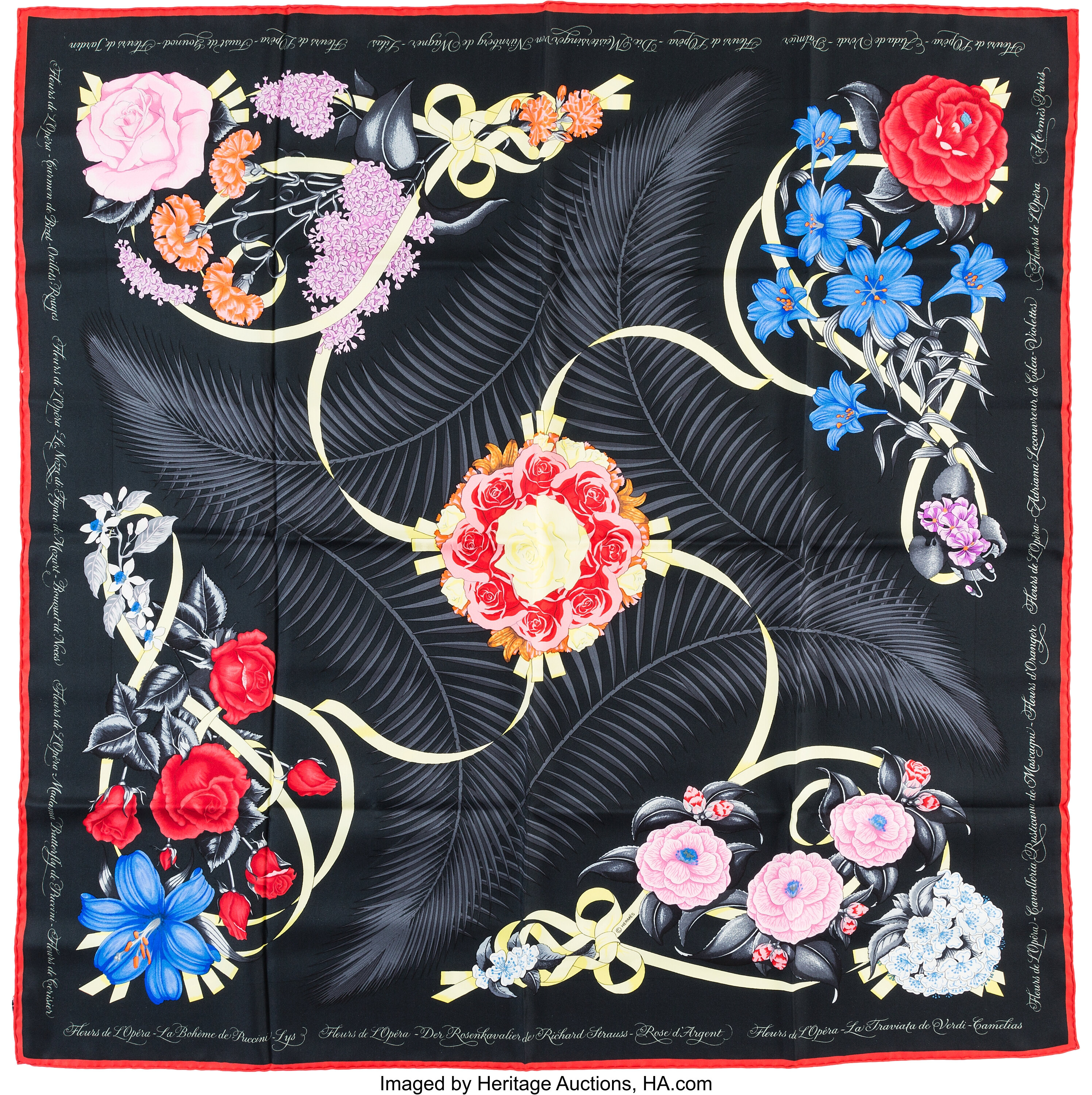 Hermes 90cm Black Fleurs De Lopera By Julia Abadie Silk