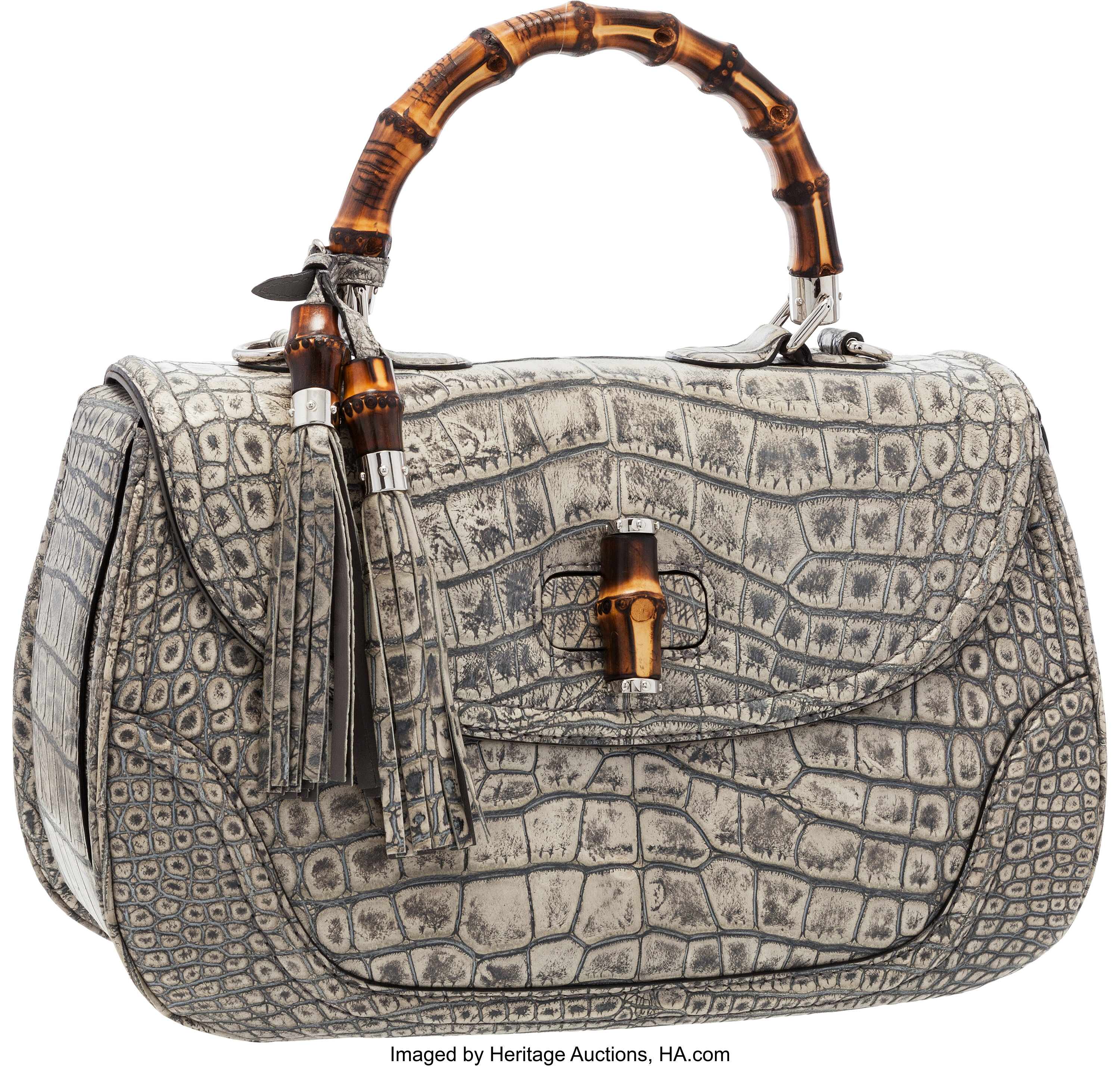 Gucci Antiqued Lichen Crocodile New Bamboo Top Handle Bag. Pristine | Lot  #58352 | Heritage Auctions