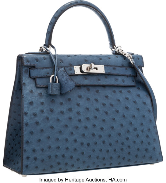 MONARCH Ostrich Leather Handbag, Blue, Size 21 