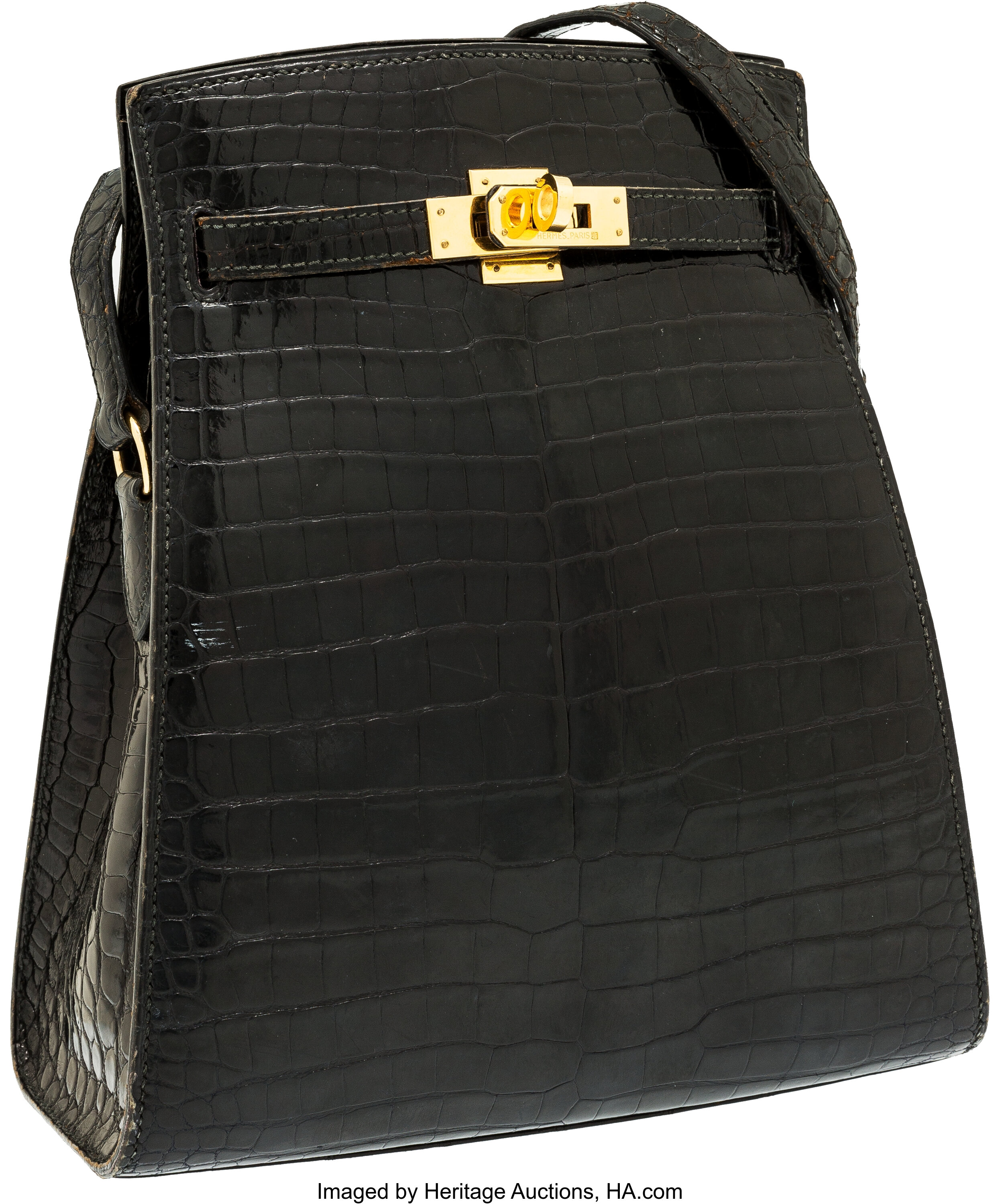 Hermes 20cm Shiny Black Porosus Crocodile Sellier Kelly Sport Bag, Lot  #58085
