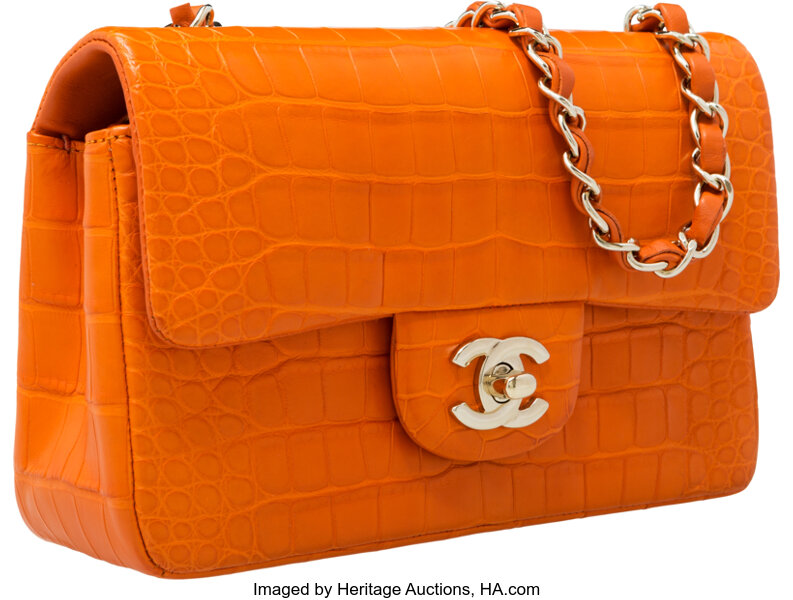 Chanel Matte Orange Crocodile Flap Bag with Gold Hardware. Very