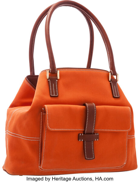 Loro Piana Tan Canvas and Orange Leather Handbag