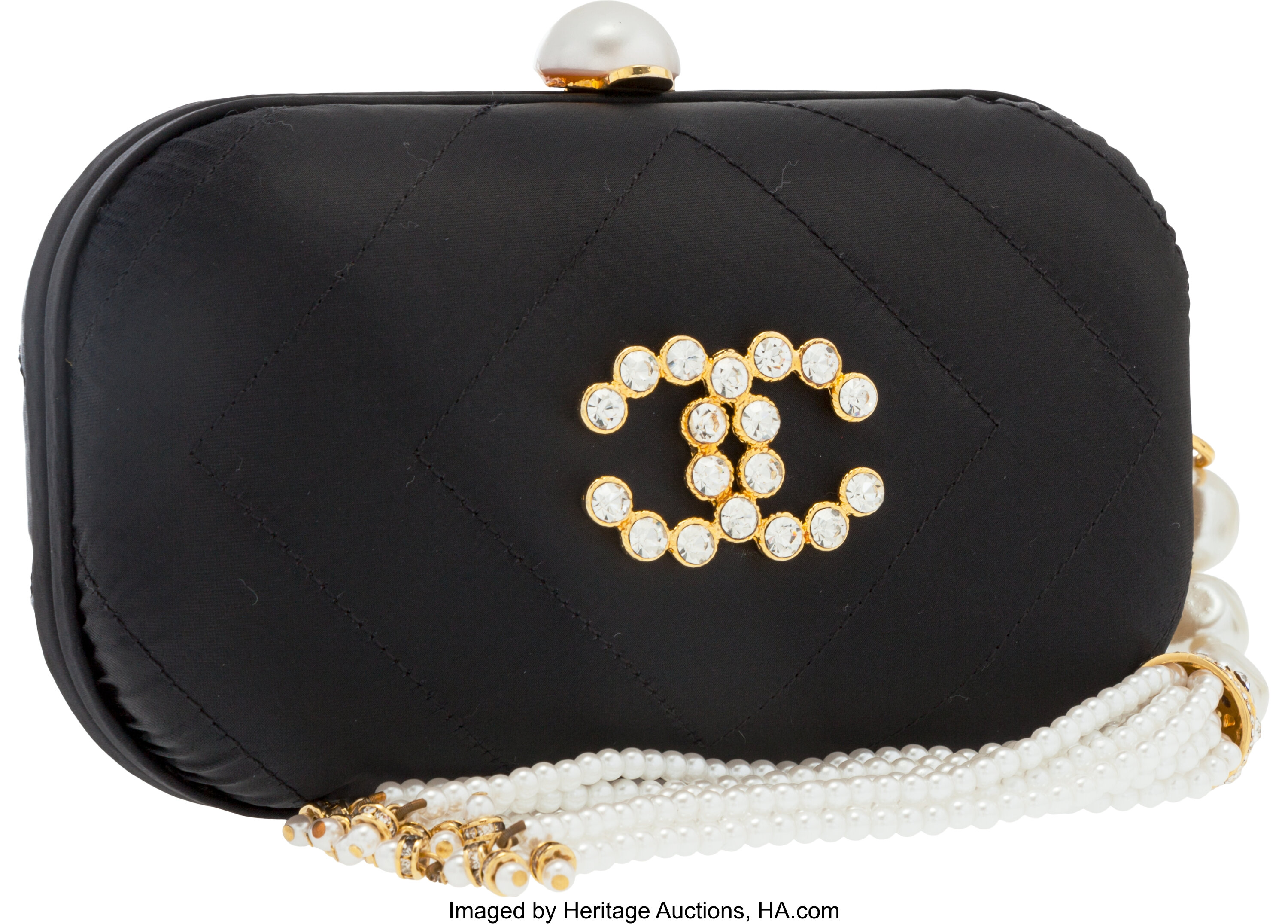 Chanel Black Satin Clutch Bag with Pearl Tassel . Very Good to