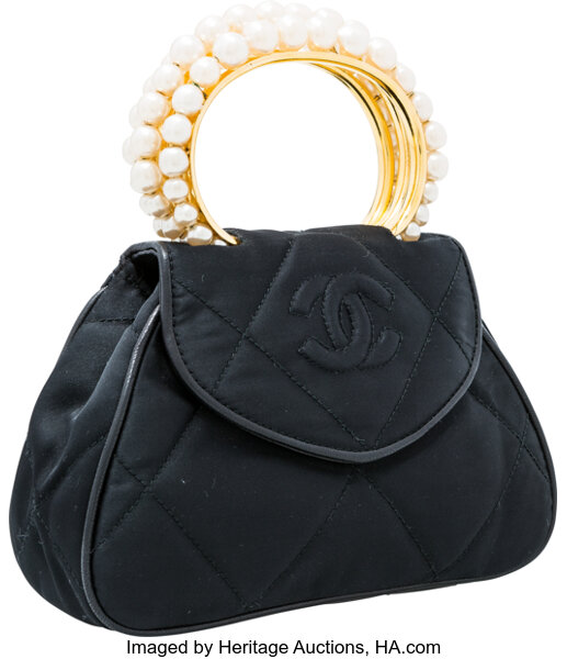 Chanel Black Quilted Satin Evening Bag with Pearl Handle . Very