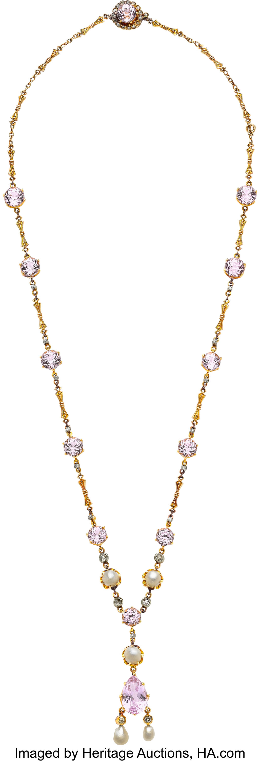 Antique Kunzite, Pearl, Diamond, Platinum, Gold Necklace, Tiffany ...