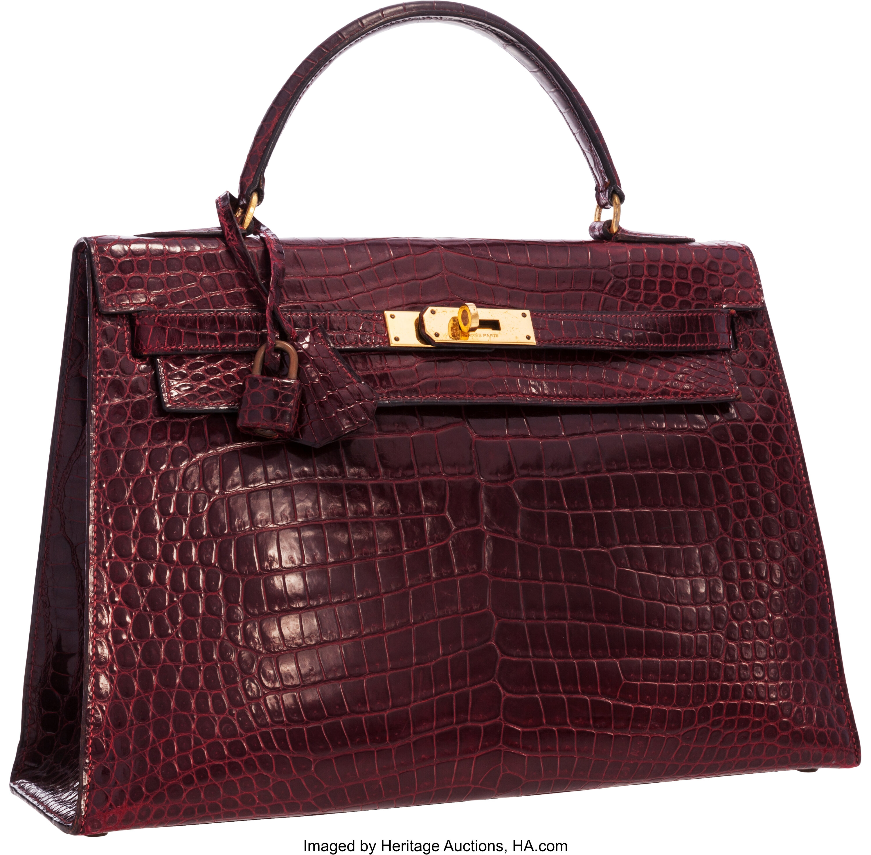 Hermes 32cm Shiny Rouge H Caiman Crocodile Sellier Kelly Bag with, Lot  #56190