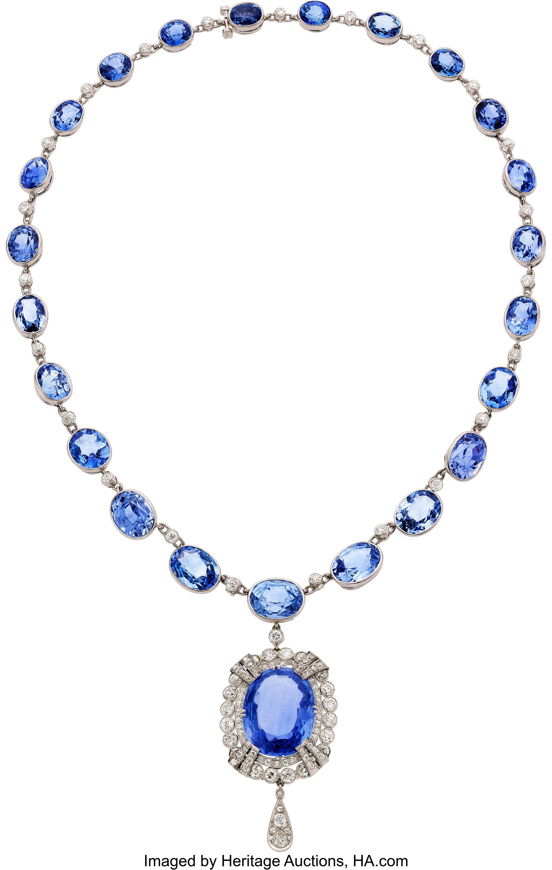 Art Deco Ceylon Sapphire, Diamond, Platinum Pendant-Necklace, J.E ...