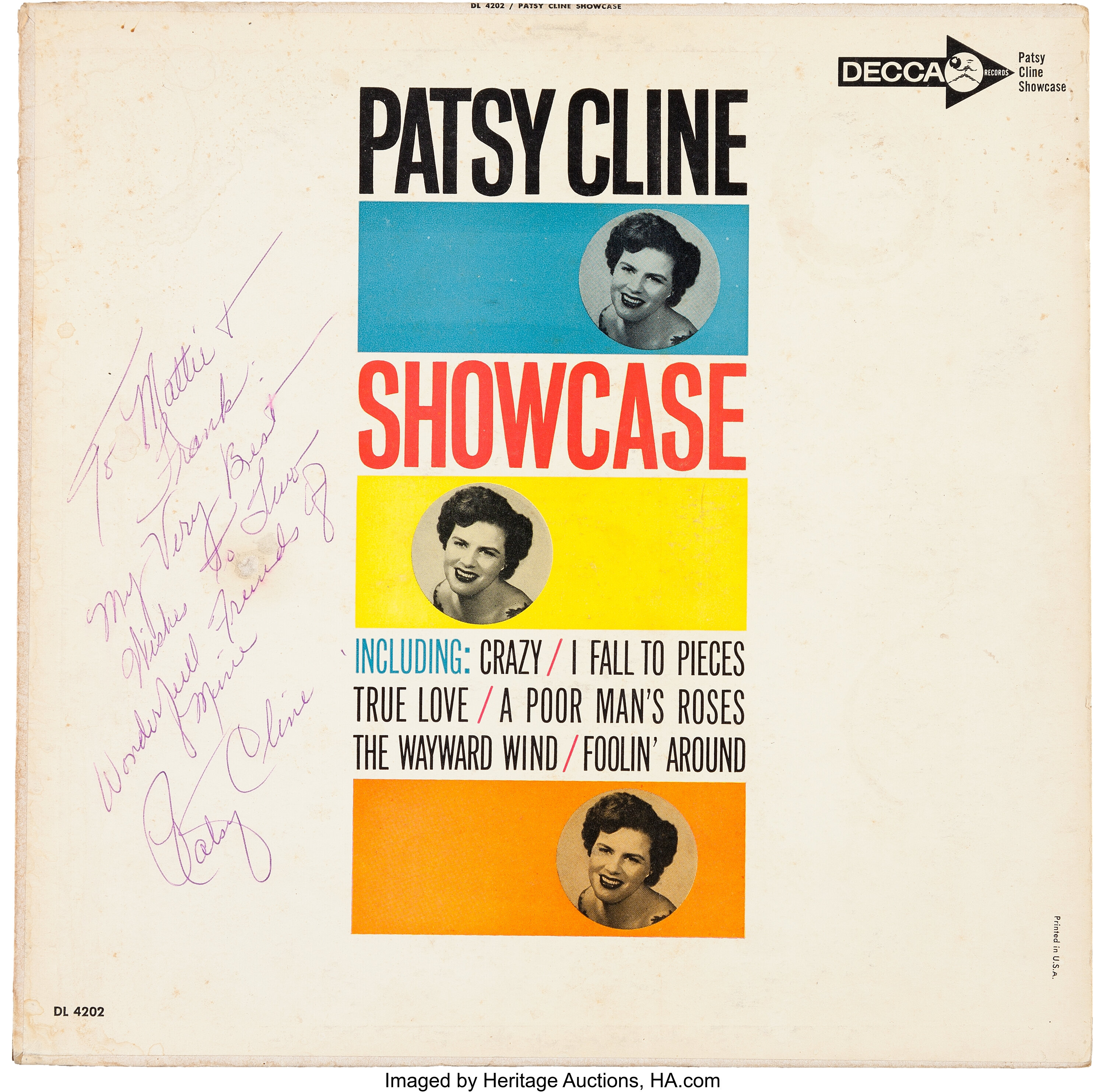 Inhalere vitalitet hovedvej Patsy Cline Autographed Showcase Album Cover (Decca 4202, 1961).... | Lot  #89475 | Heritage Auctions