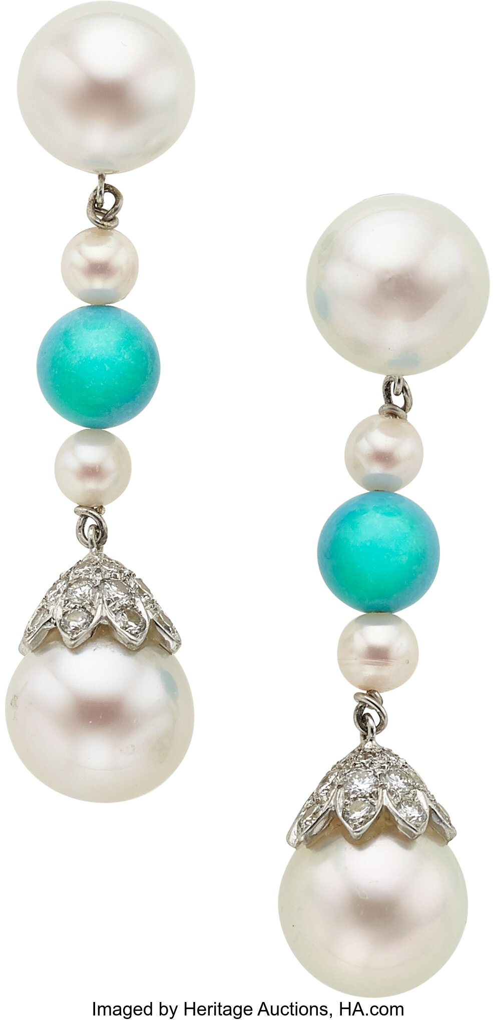 Cultured Pearl, Diamond, Turquoise, White Gold Earrings. ... Estate ...