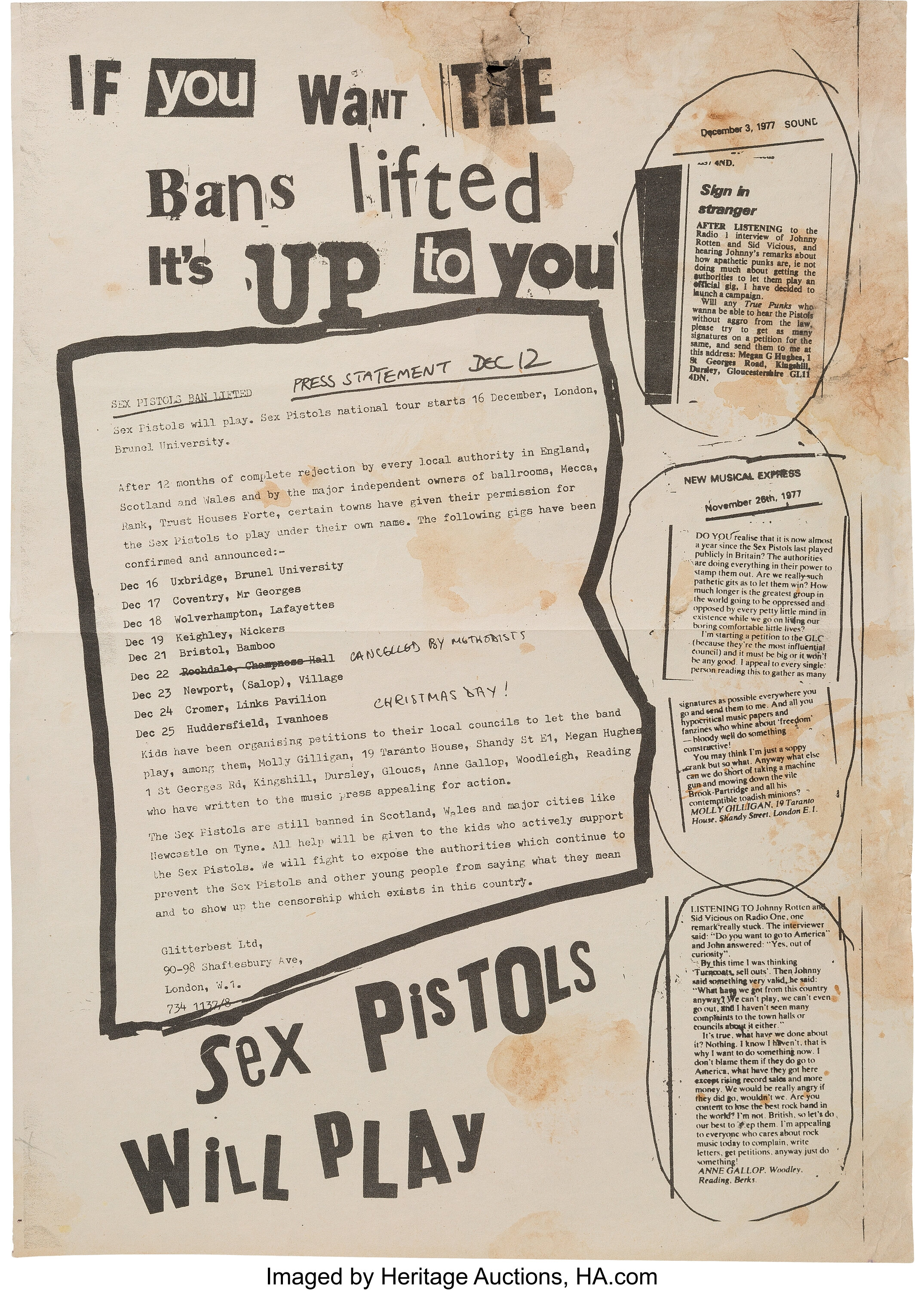 Sex Pistols If You Want The Bans Lifted Tour Poster Glitterbest Lot 612 Heritage Auctions