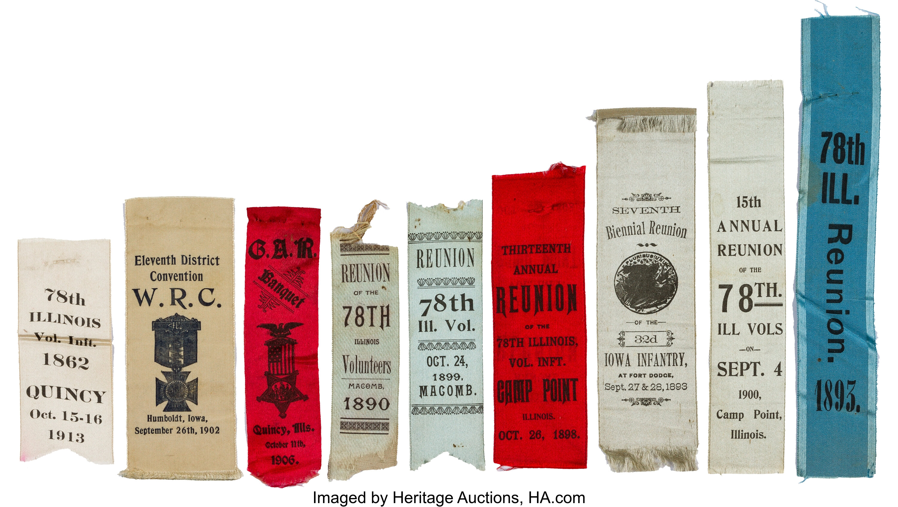 Lot of Nine Civil War Illinois and Iowa Veteran Reunion Ribbons ...