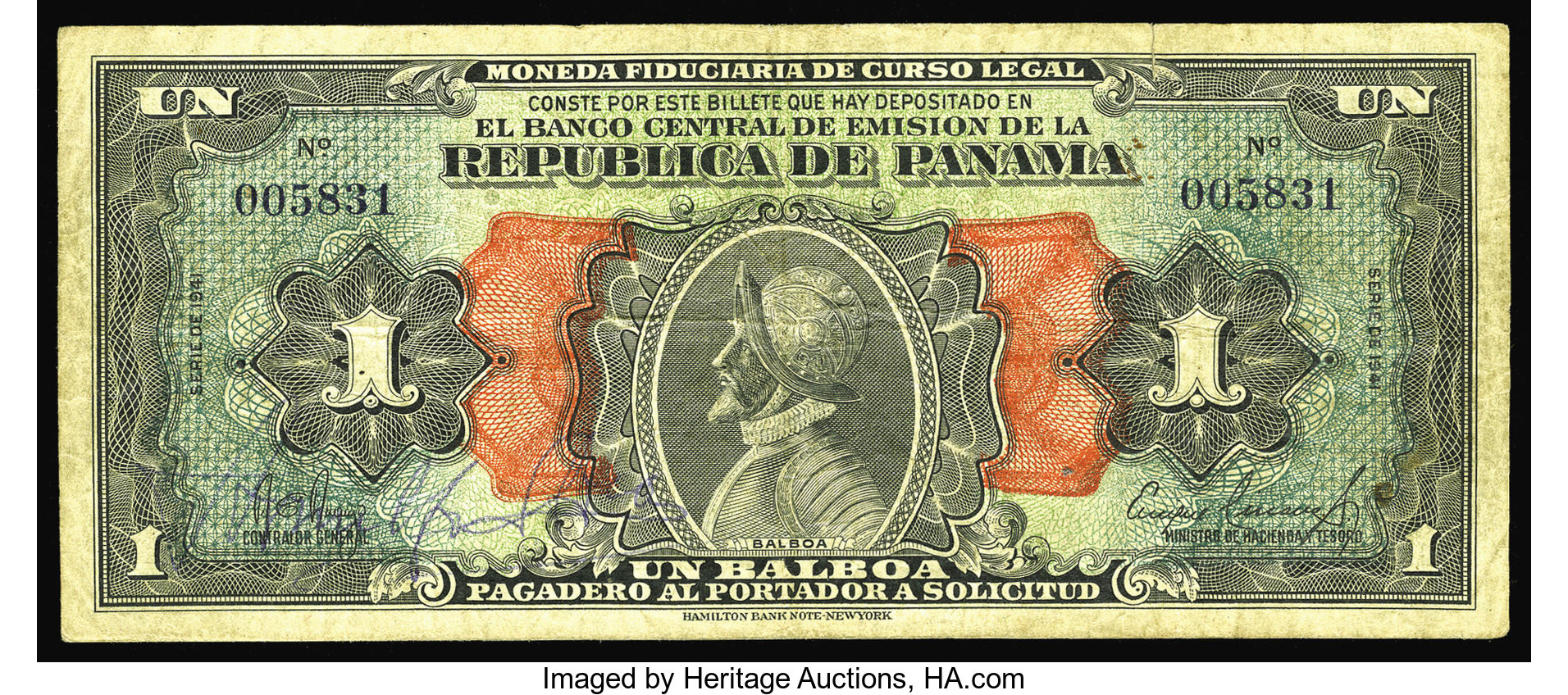 Panama Republica De Panama 1 Balboa 1941 Arias Issue Pick 22a This Lot 16813 Heritage Auctions
