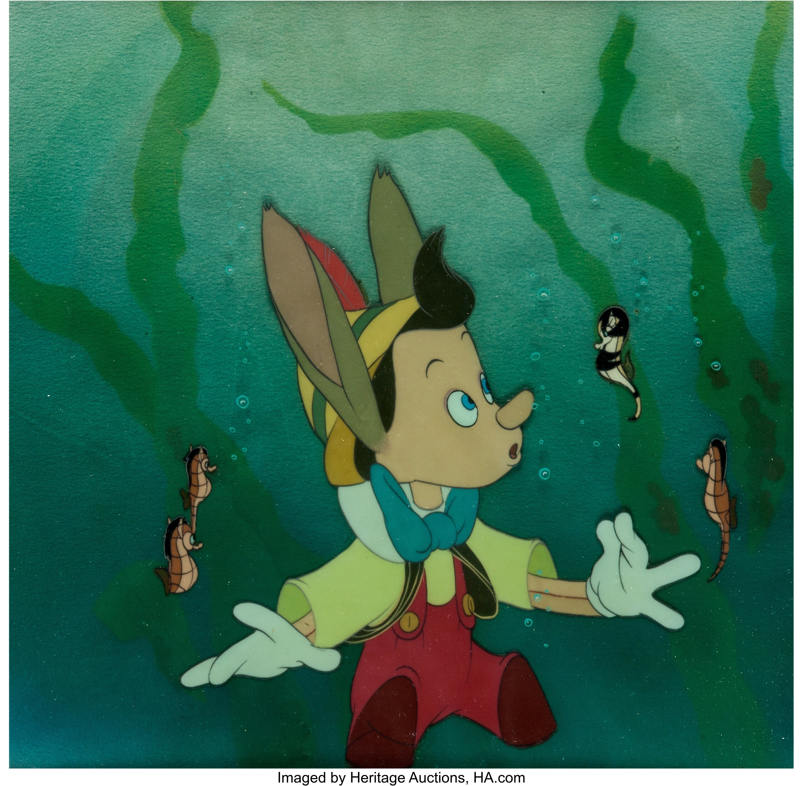 Pinocchio Underwater Production Cel And Courvoisier Background Lot