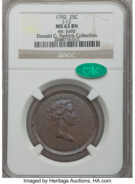 1792 P25C Copper Quarter Dollar, Judd-12, Pollock-14 MS63