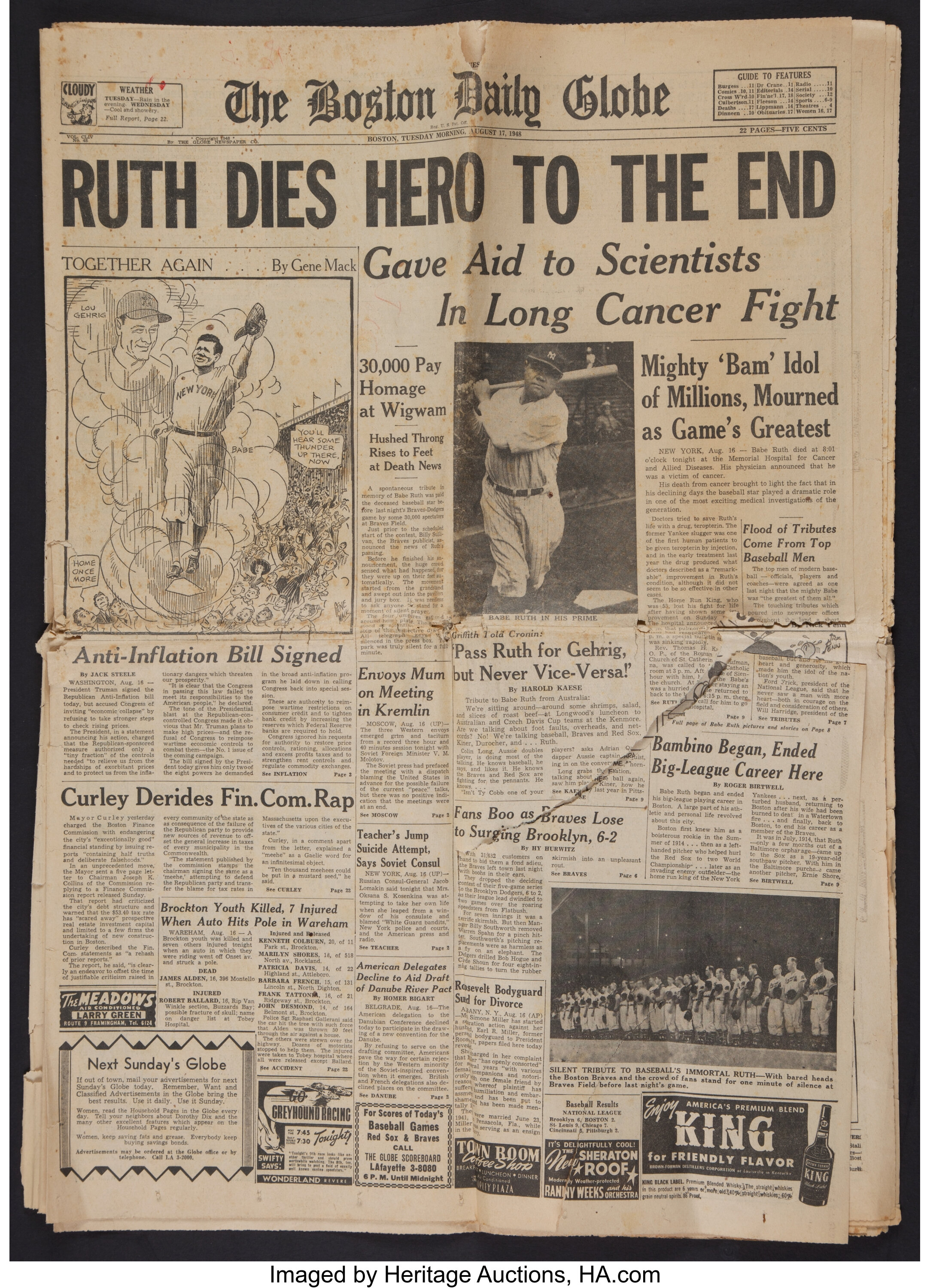 1948 Babe Ruth Dies Boston Globe Newspaper.  Baseball, Lot #43084