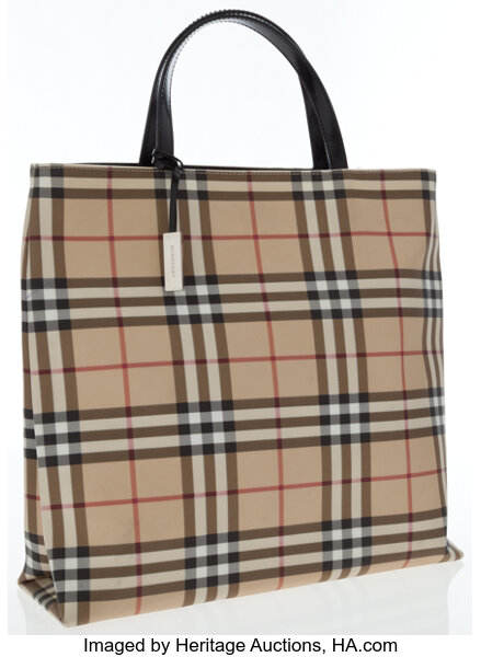 Burberry Classic Check Tote Bag with Black Leather Trim