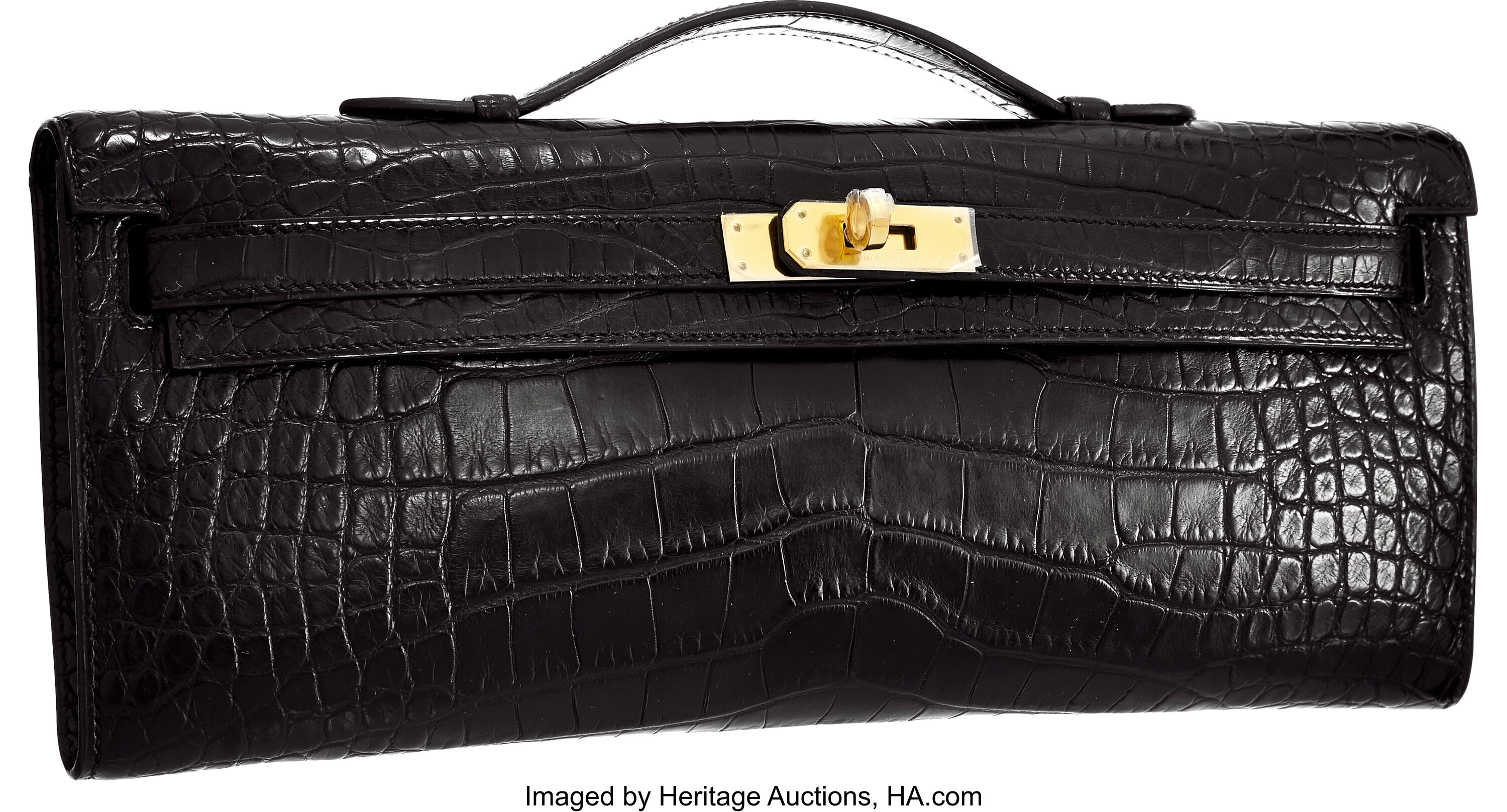 Hermes Matte Black Alligator Kelly Cut Clutch Bag with Gold, Lot #58046
