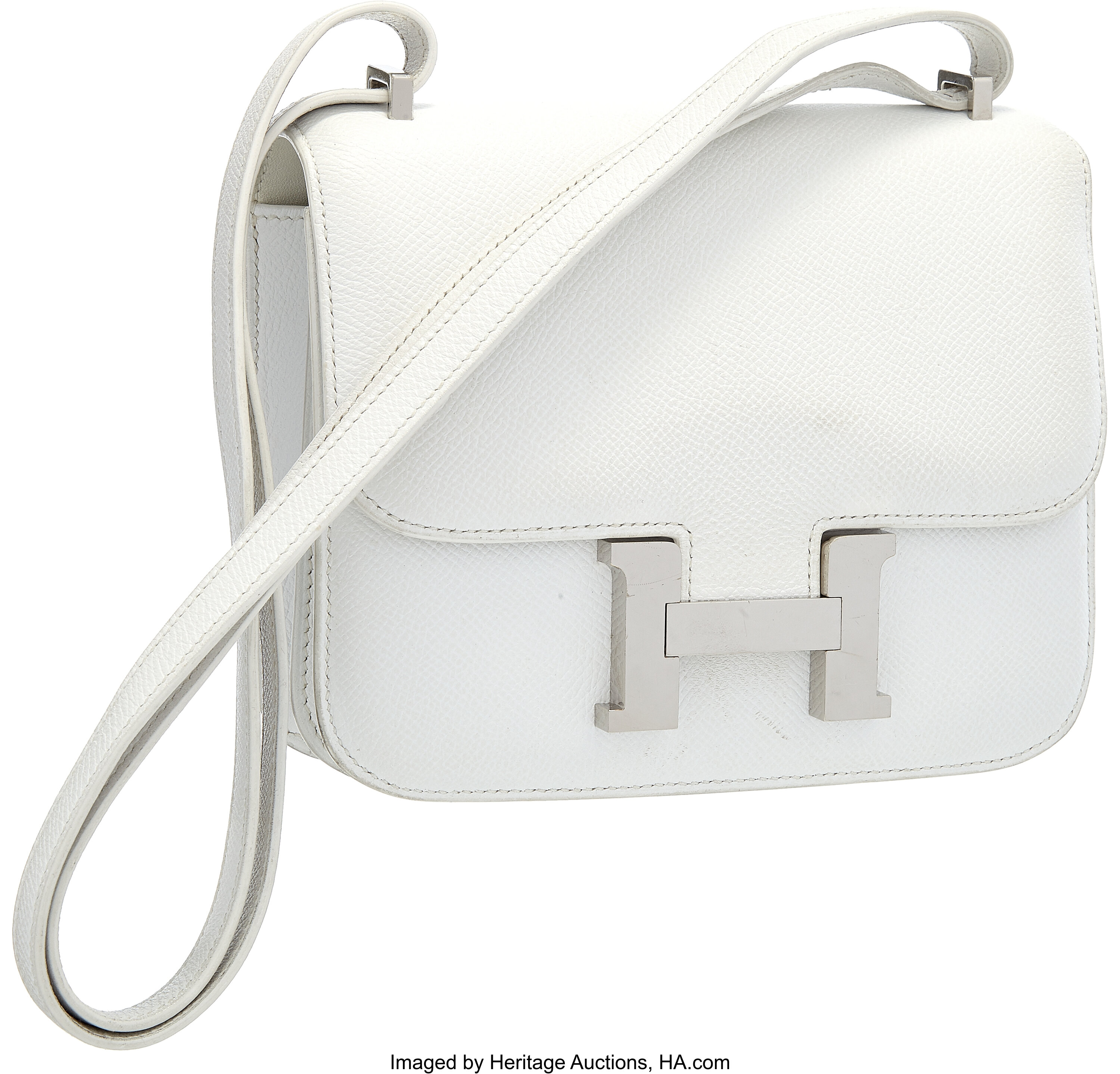 Hermes 18cm White Epsom Leather Double Gusset Constance Bag with, Lot  #58027