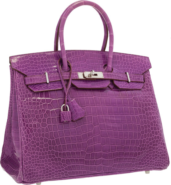 Hermes 35cm Shiny Violet Porosus Crocodile Birkin Bag with, Lot #58157