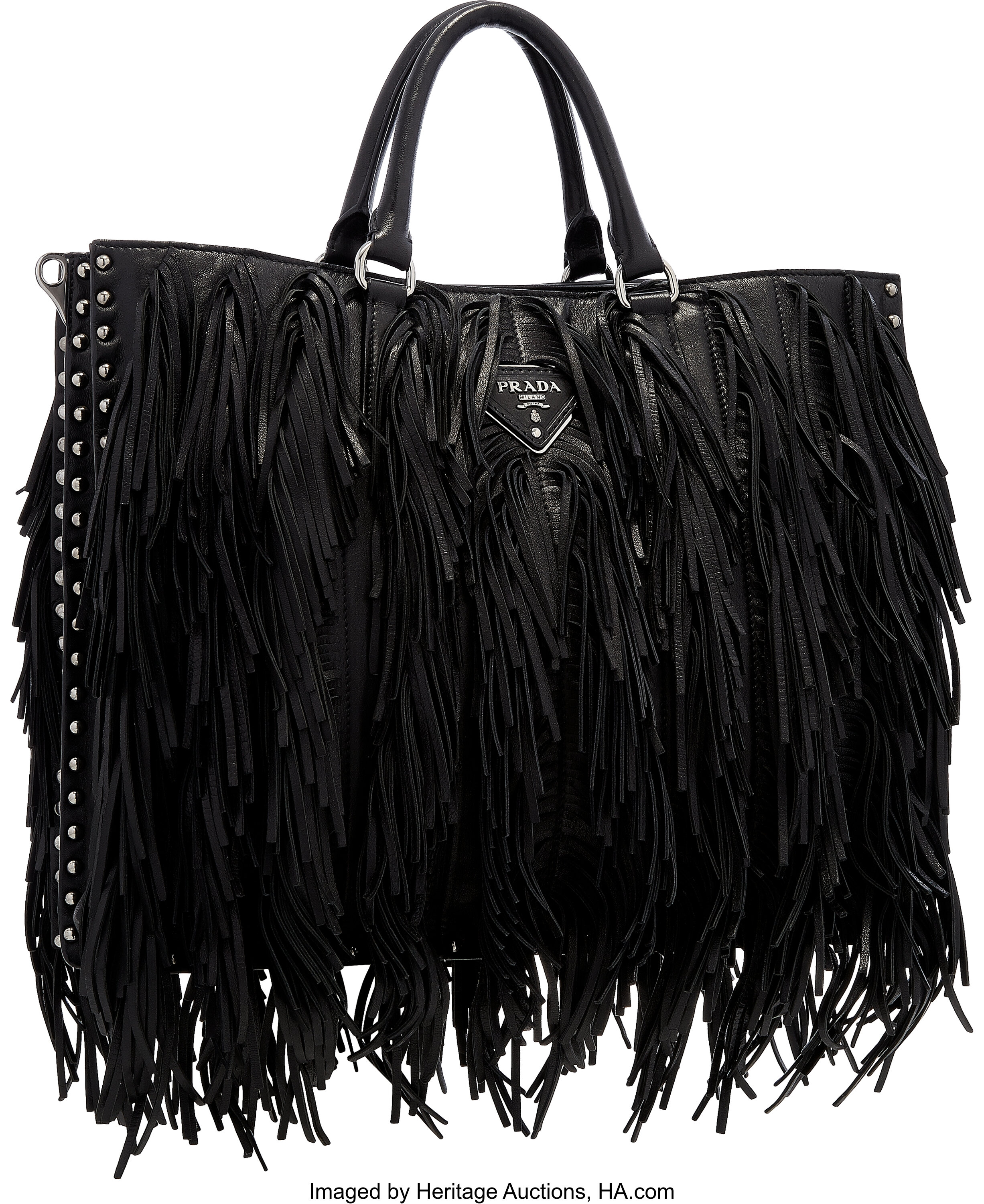 Prada Black Leather Fringe Tote Bag with Studded Accents . | Lot #58184 |  Heritage Auctions