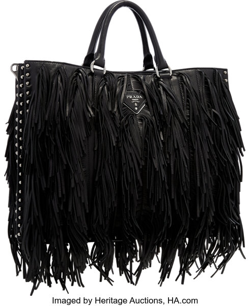 Prada Leather Fringe Large Shopper Bag Black