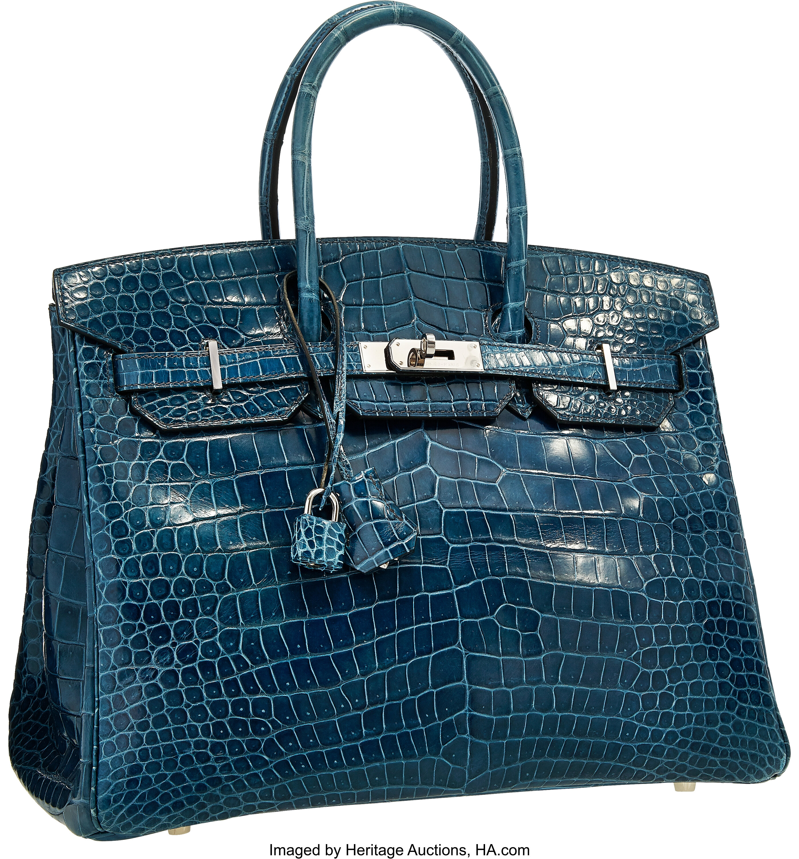 Hermes 35cm Shiny Blue Roi Porosus Crocodile Birkin Bag with | Lot ...