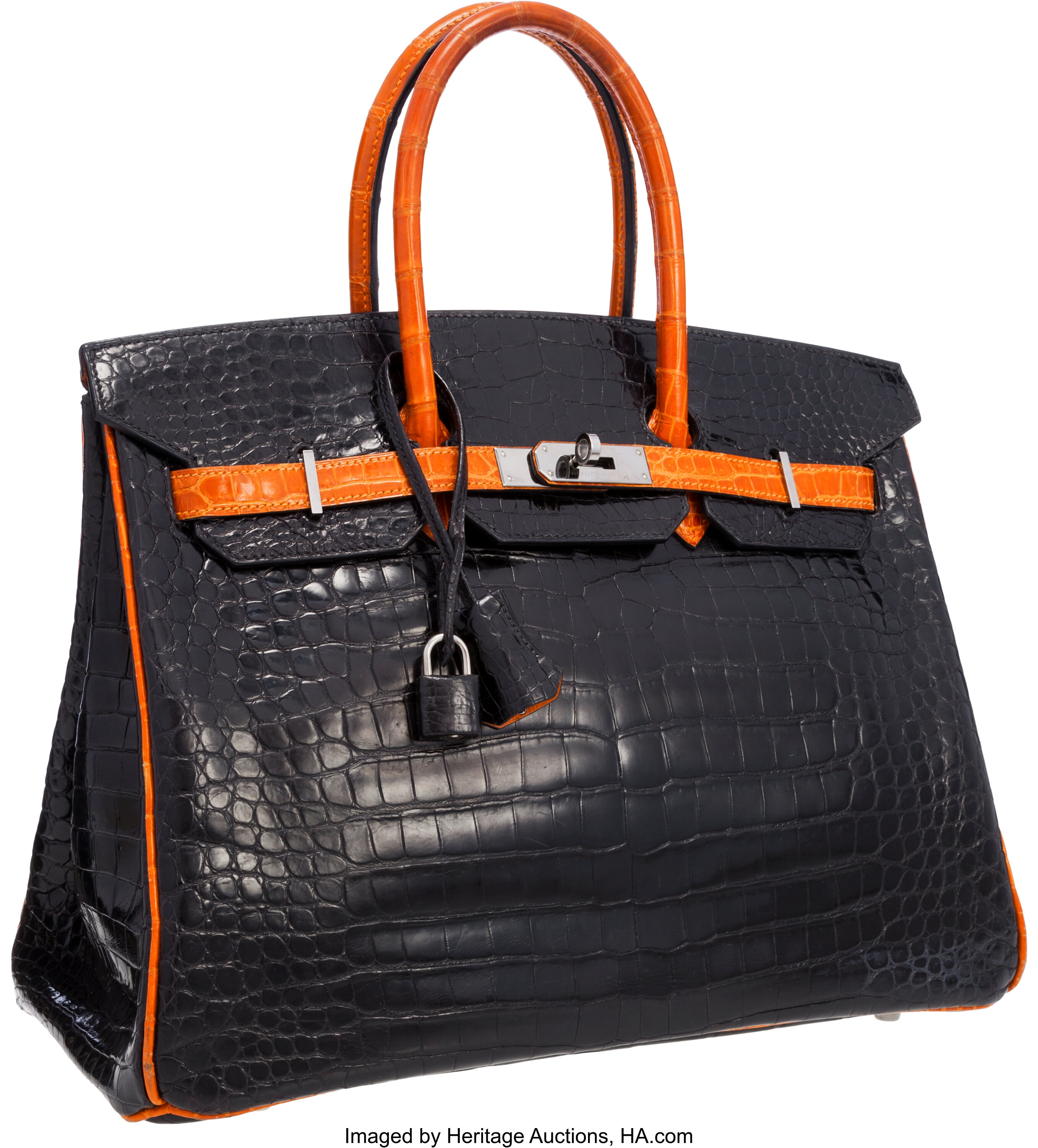 Hermès Shiny Black And Orange H Porosus Crocodile Birkin 40