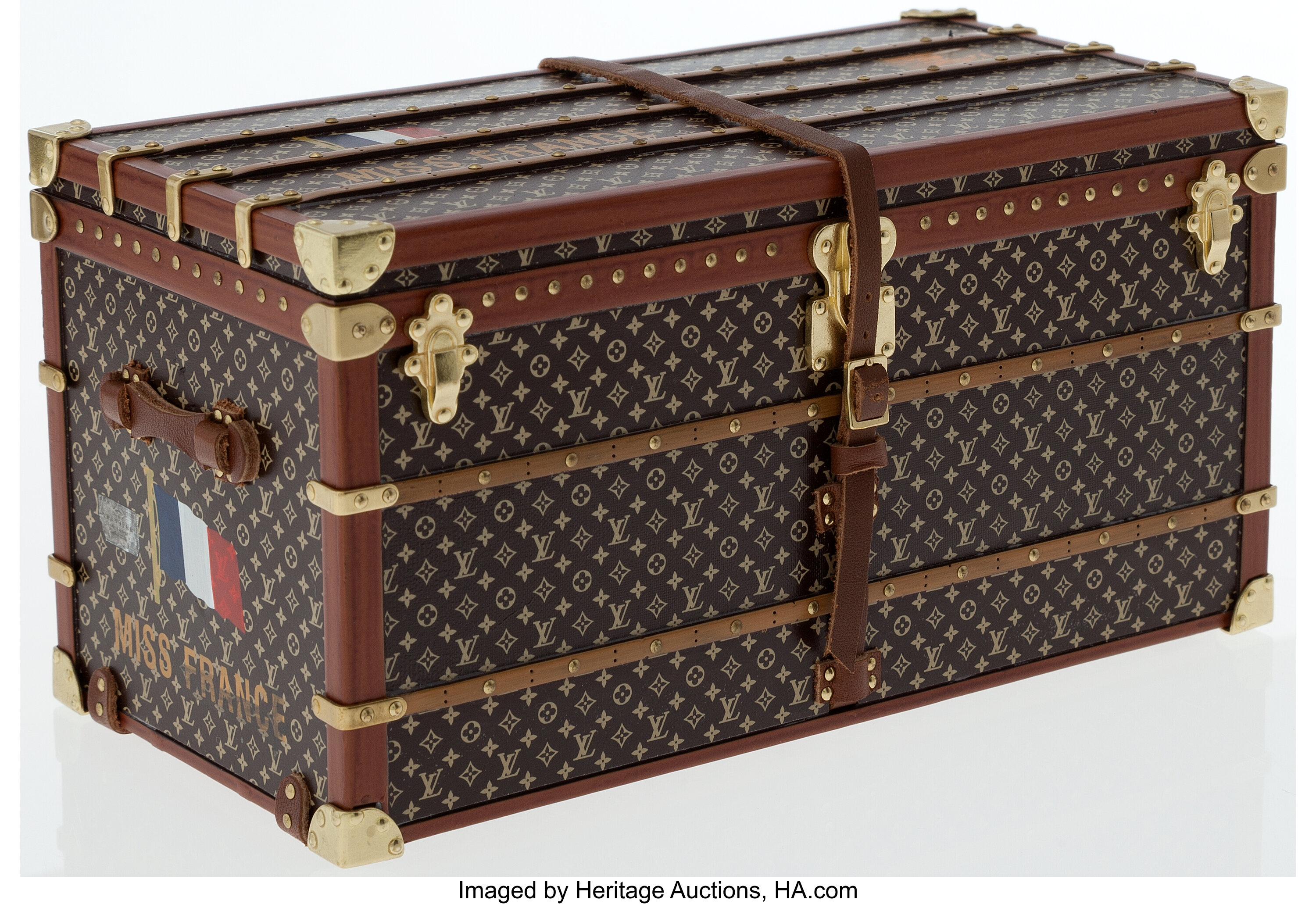 LOUIS VUITTON Miniature 'Miss France' Trunk in Wood and gilded Metal