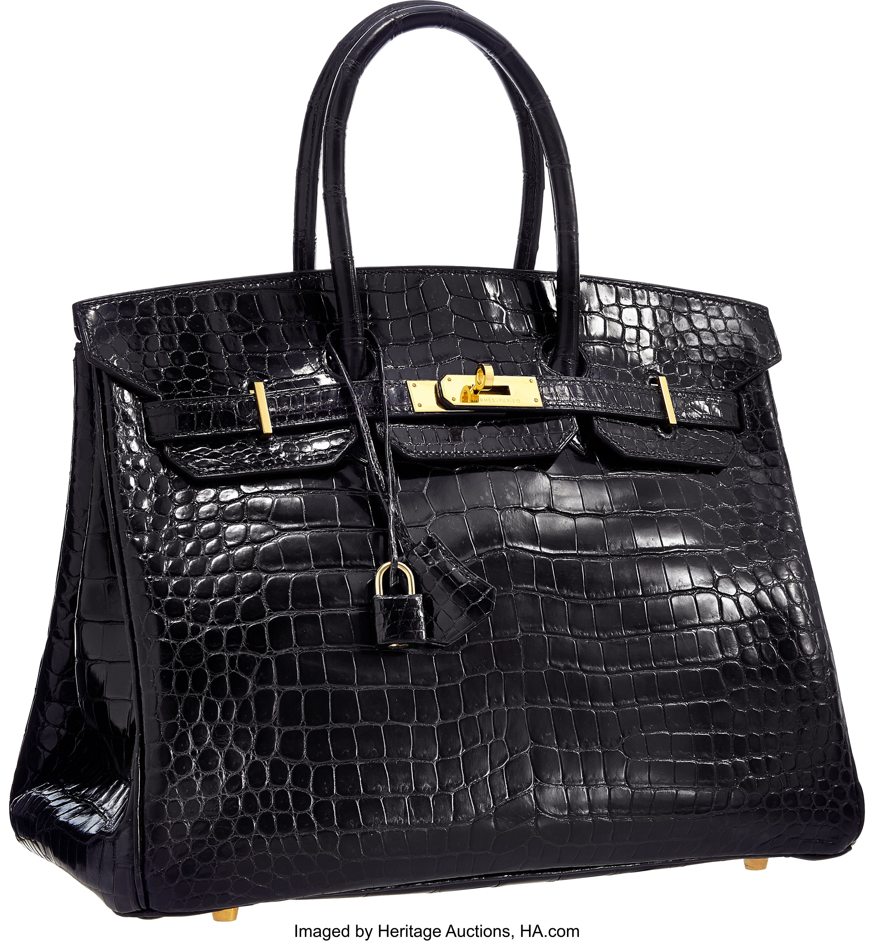 Hermes 35cm Shiny Black Porosus Crocodile Birkin Bag with Gold | Lot ...