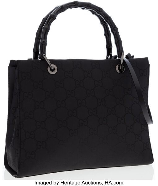 Gucci Black Monogram Canvas Tote Bag with Bamboo Handles. , Lot #16052