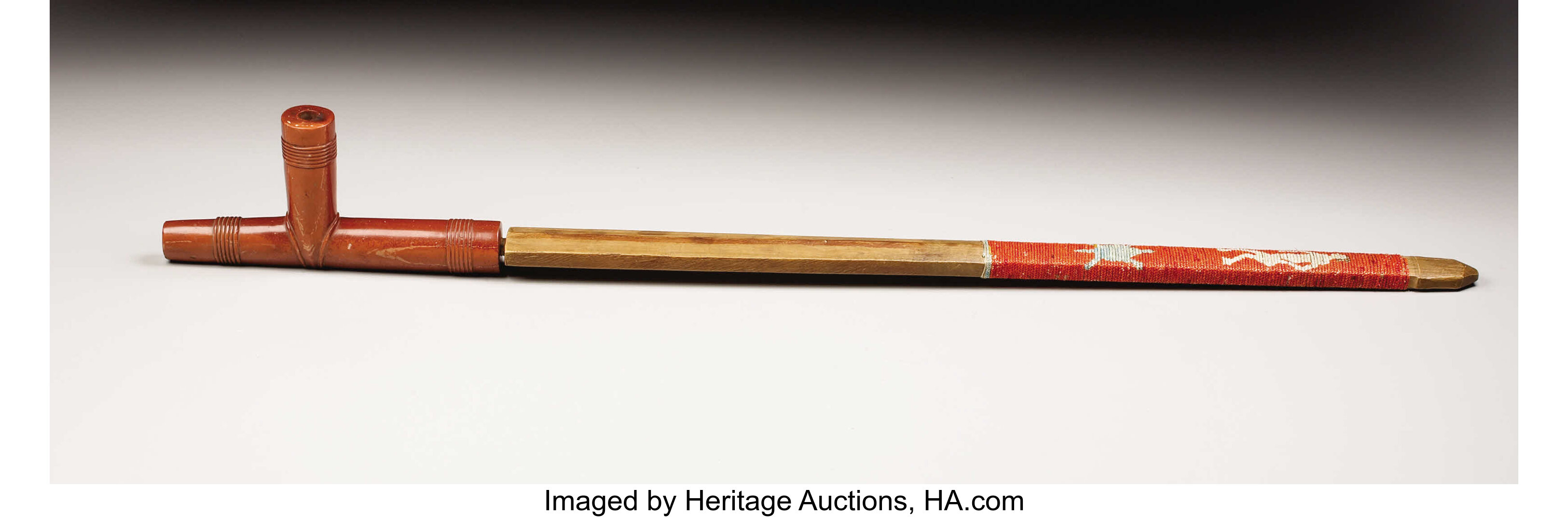 A SIOUX PICTORIAL QUILLED WOOD PIPE STEM WITH CATLINITE PIPE BOWL ...