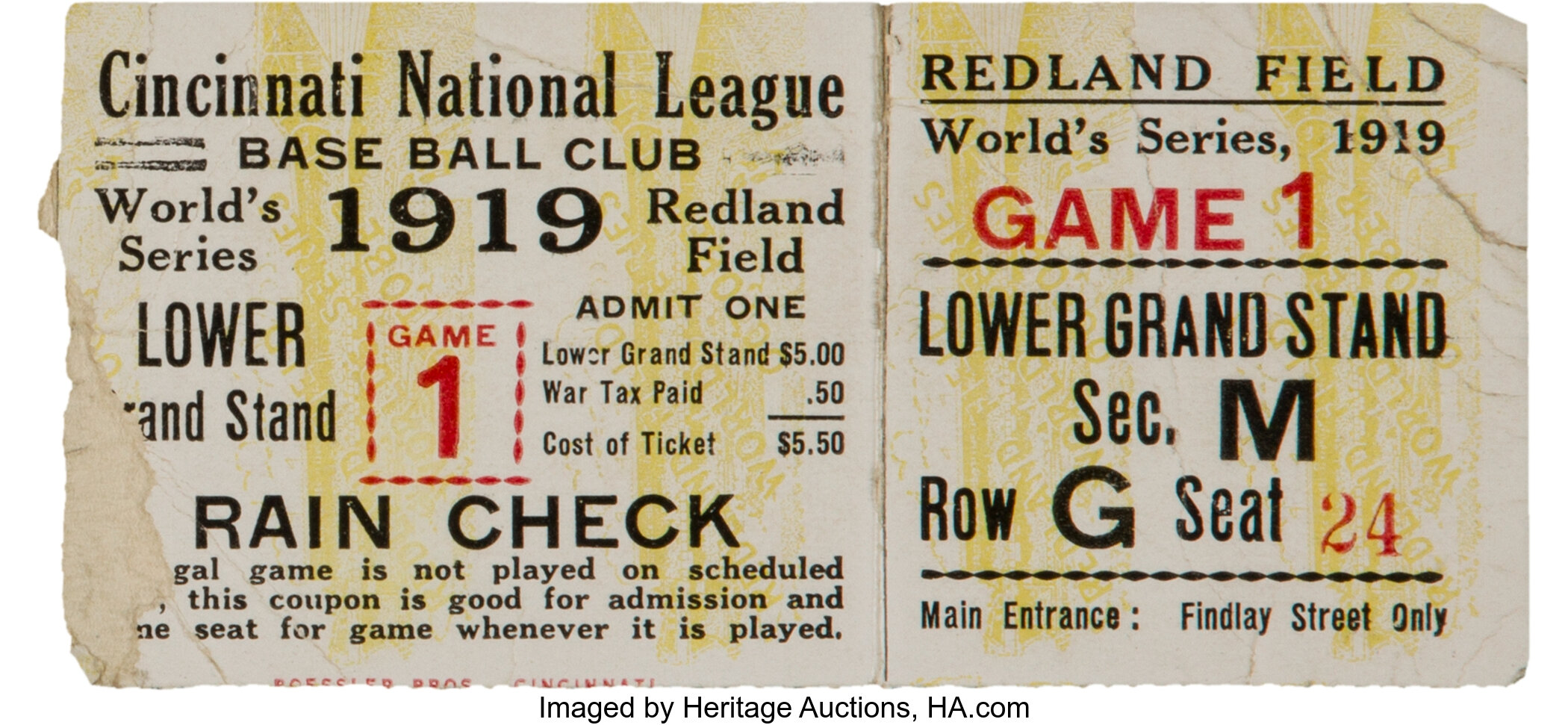 1919 World Series Game One Ticket Stub. Baseball Collectibles