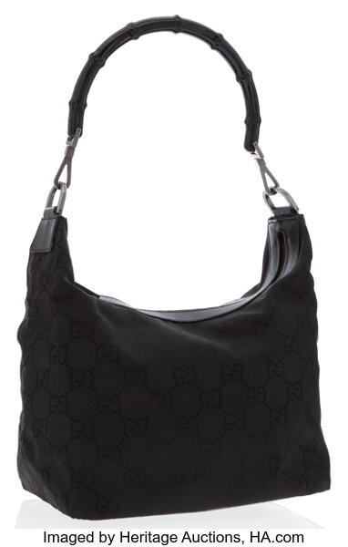 Gucci Black Monogram Canvas & Bamboo Hobo Bag .  Luxury