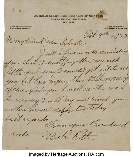 Letter written by Babe Ruth to Boston Globe writer up for auction