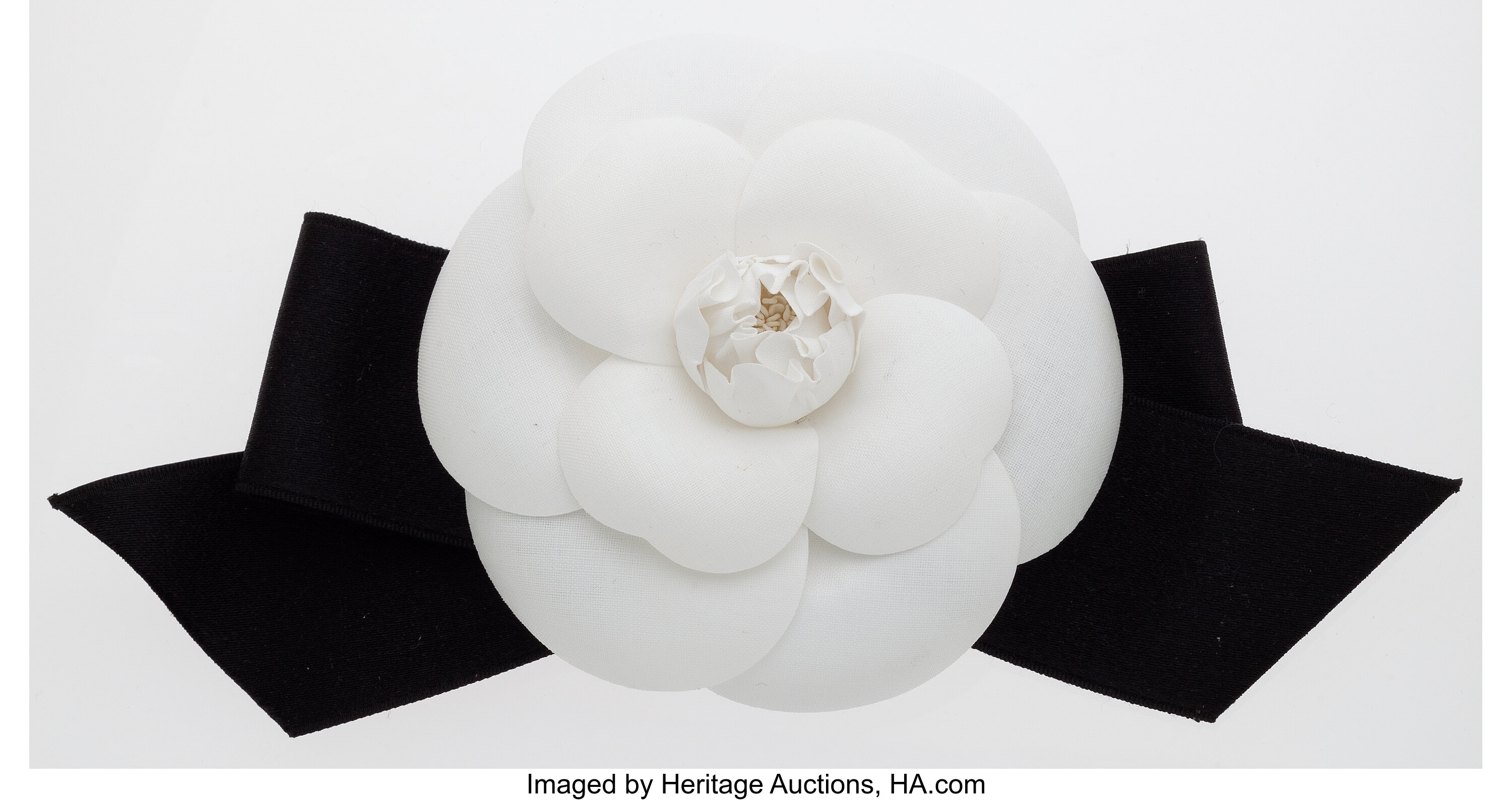 Chanel Black & White Grosgrain Camellia Flower Brooch .  Luxury
