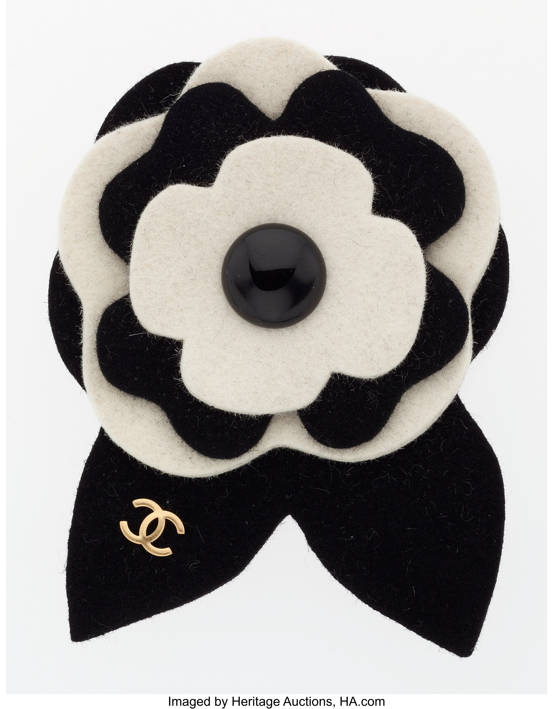 Chanel Black & White Felt Camellia Flower Brooch .  Luxury, Lot #19089