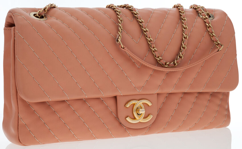 Chanel Peach Chevron Quilted Lambskin Leather Jumbo Flap Bag with